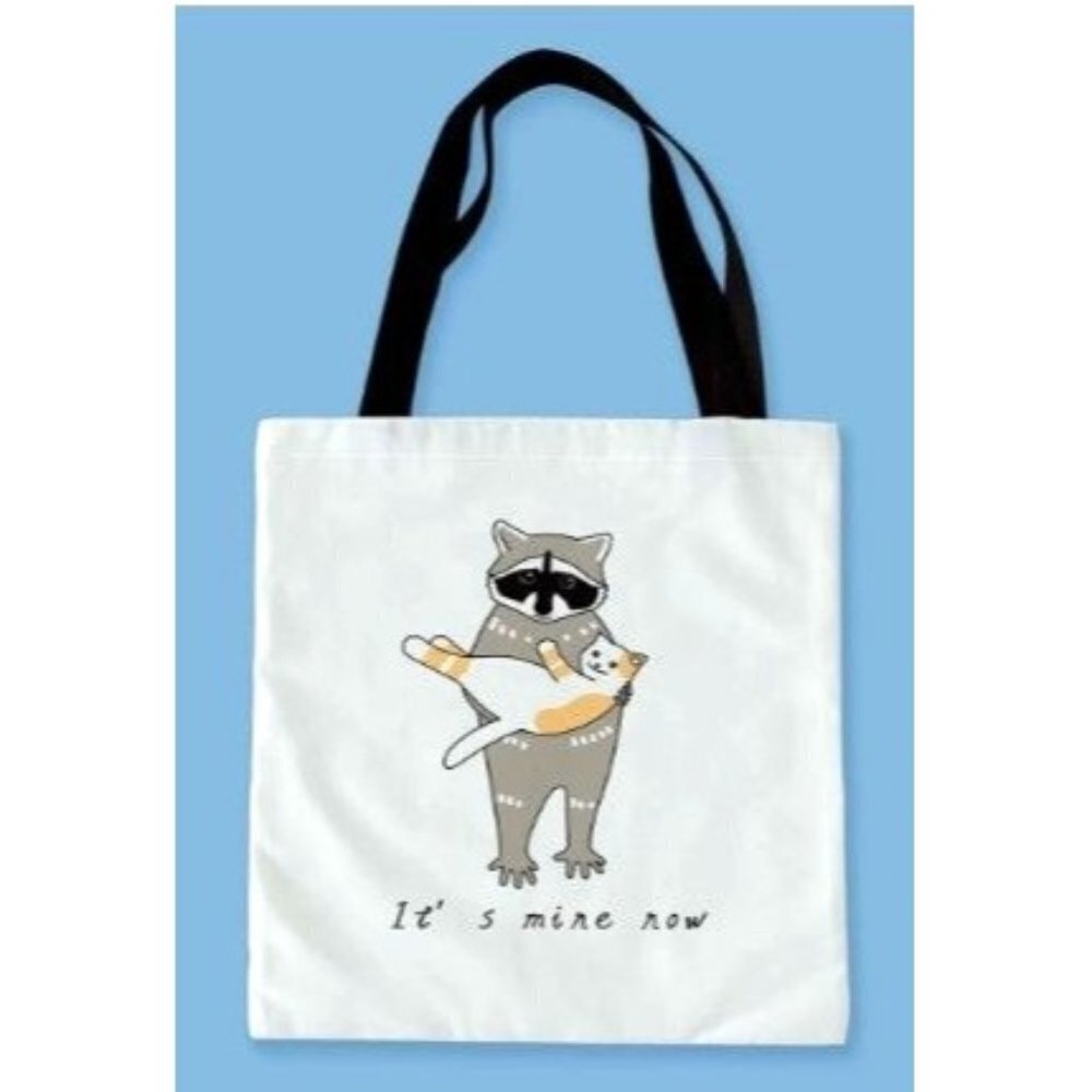 Raccoon and Cat Shopper Tote White with Black Handles